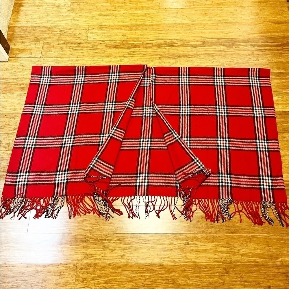Oleg Cassini O.C. red white & black plaid long wrap blanket scarf w fringe 66